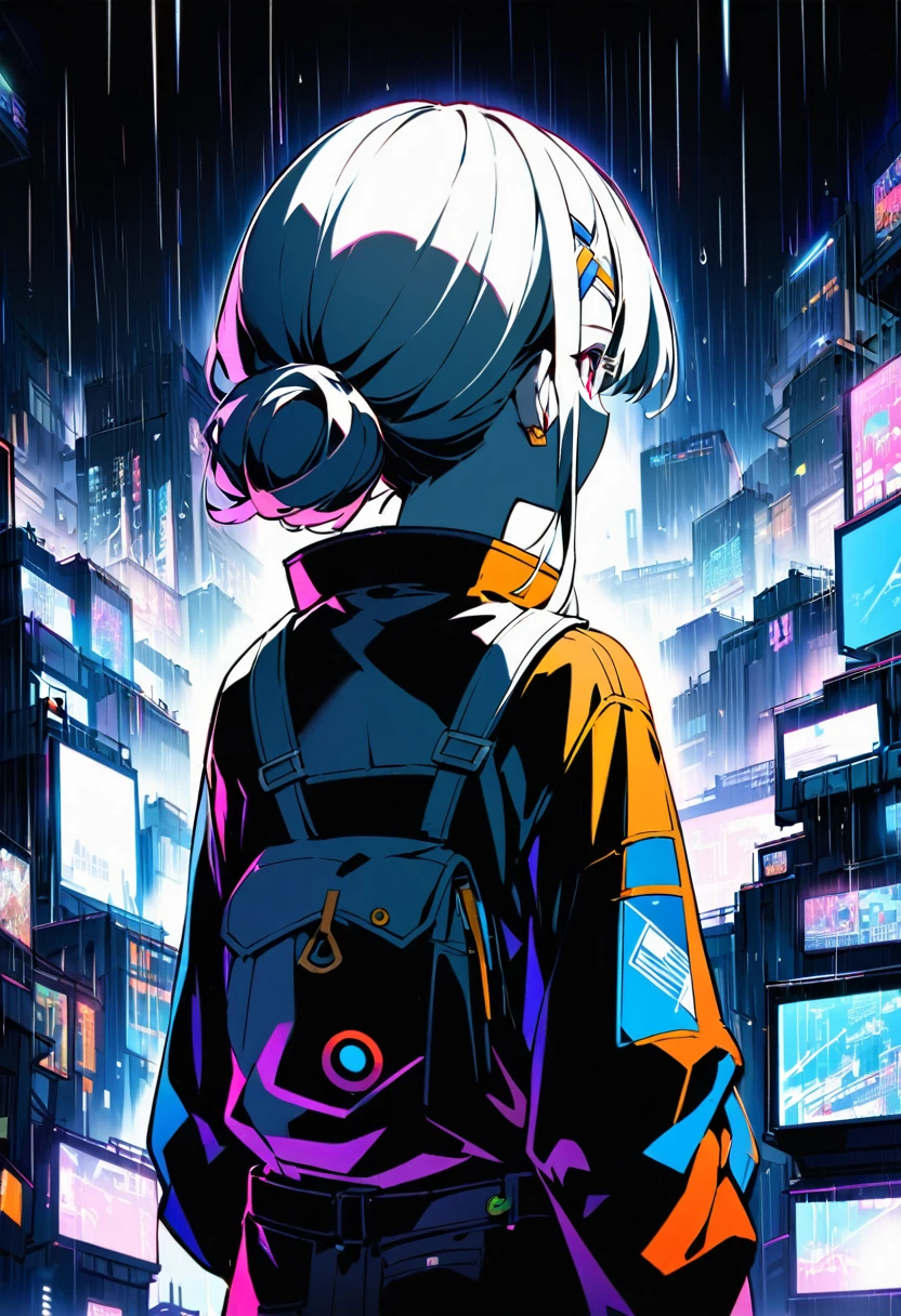 it's cyberpunk world in the near future.
the places like Kowloon Walled City.
a giri looking up it.
I'm looking the girl back view.
It's rain and thunders.
temperature is low.
hair style is short.
it color is dark white.
overall add shading.
more colorful.