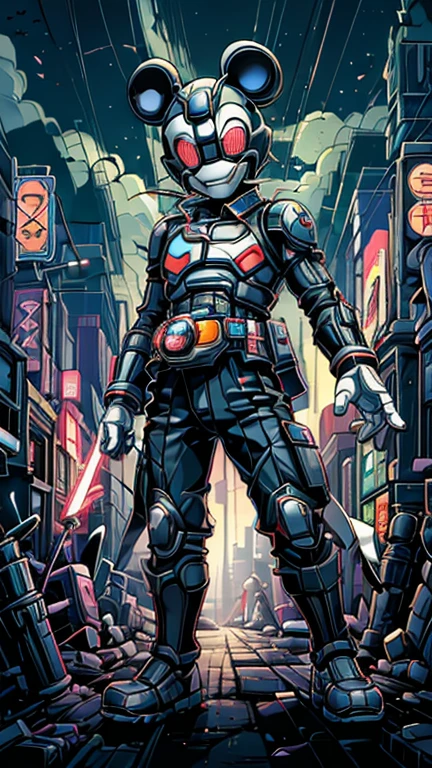 (8k),(masterpiece),(Japanese),(8-year-old boy),((innocent look)),((Childish)),From the front,smile,cute,Innocent,Kind eyes,Flat chest, black helmet, white domino mask, Mickey mouse,Bald,No Hair, Henshin Pose,night,dark, Neon light cyberpunk city,Kamen rider,camisa