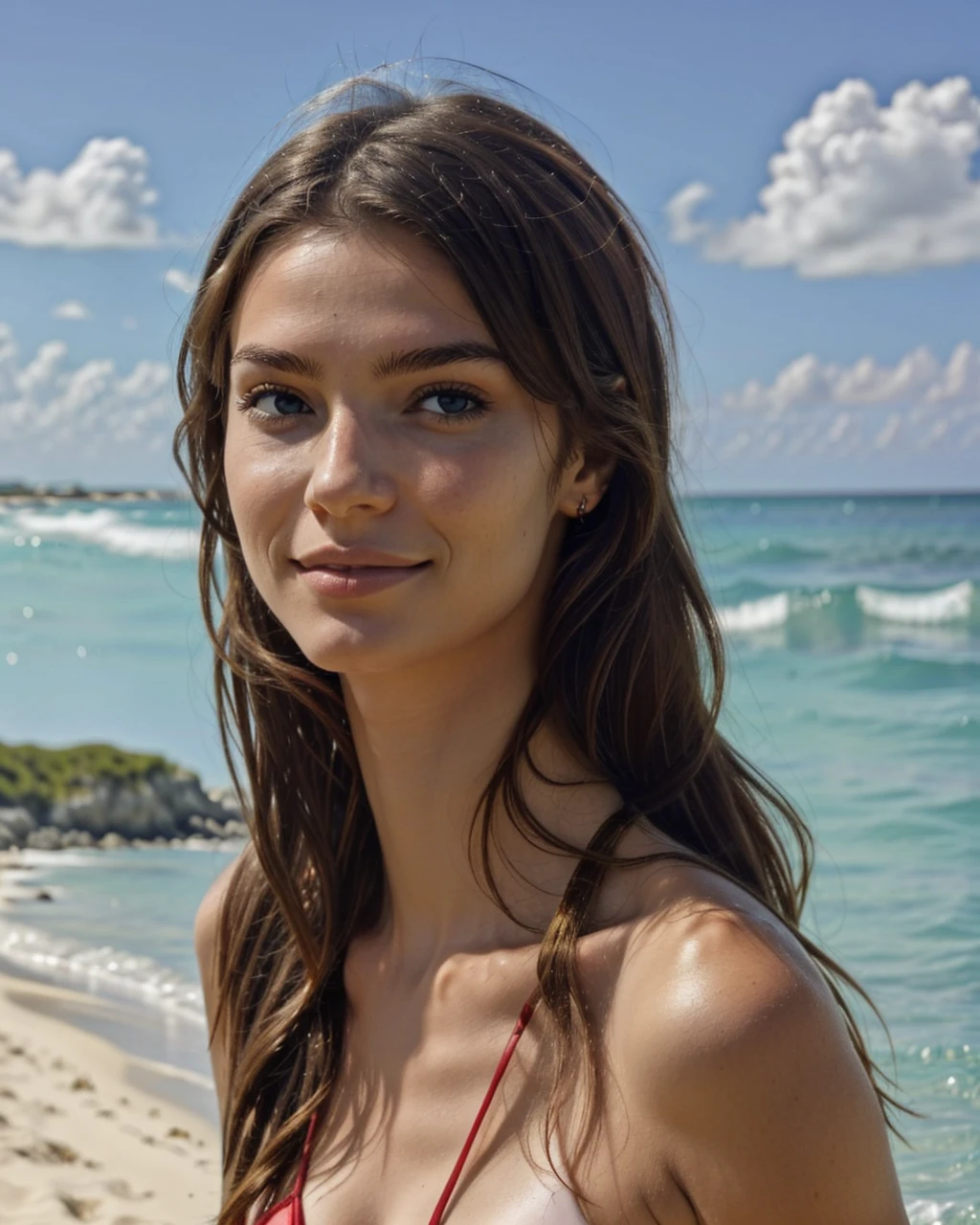 RAW photo, a close up portrait photo of Amaia Salamanca in bikini, big chest, long hair, pale skin, background is a beach, (high detailed skin:1.2), 8k uhd, dslr, soft lighting, high quality, film grain, Fujifilm XT3, full body