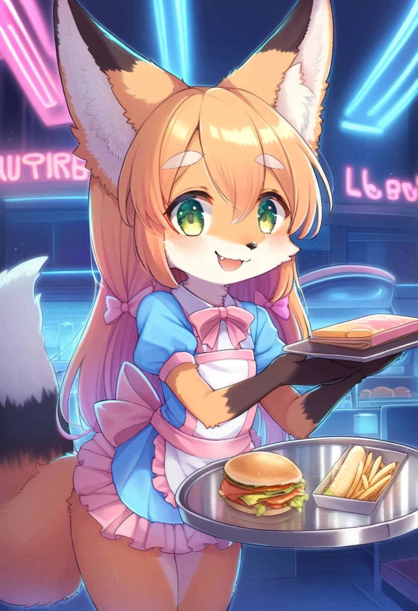 ((Masterpiece)), ((Best Quality)), (Very Detailed), ((Very Detailed)), 4K, (8K), very aesthetic, absurdres highres, 1girl, (anthropomorphic fox, furry, kemono:1.8), Virtual waitress, hologram waitress, cute uniform, pink ribbon, apron, fast food restaurant, futuristic design, neon lights, digital menu, smiling, taking order, holding tray, pink, blue, white, glass reflection, metal reflection, energetic, friendly