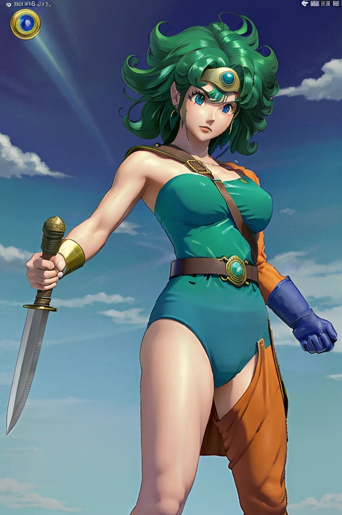 （（（ＳＦＷ、sound、Highest quality、Top notch work、Normal body、、Detailed face、Ultra-precision、Normal hand、のrefer、５refer、Highest）））、beautiful girl、Green Hair、yamato nadeshiko、Small breasts、Shortcuts、Blue leotard、Muscular、Black paleo skirt、Red Cape、Circlet、Bastard sword、sword of the sky、Dragon Quest、Female Heroes、 Fight、Fight準備完了、Sweep with a sword、Gigadein、((Perfectly executed:Description of the whole body,Standing posture,Draw the details well、There is no anatomical problem))