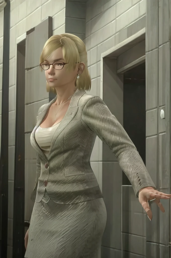 (Masterpiece:1.2), (best quality:1.2), intricate details, ultra detailed, 1girl, solo, JessicaMcCarney, blonde hair, short hair, glasses, jewelry, earrings, necklace, breasts, cleavage, jacket, skirt, suit, cowboy shot, (seductive pose), standing,