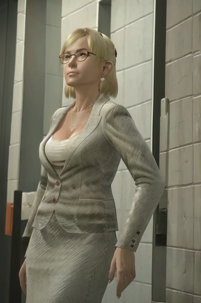 (Masterpiece:1.2), (best quality:1.2), intricate details, ultra detailed, 1girl, solo, JessicaMcCarney, blonde hair, short hair, glasses, jewelry, earrings, necklace, breasts, cleavage, jacket, skirt, suit, cowboy shot, (seductive pose), standing,
