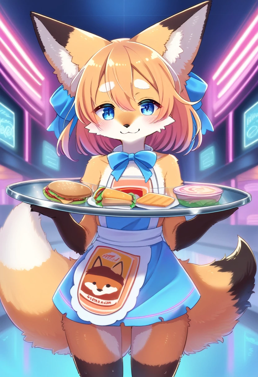 Renamon, female, apron, sexy, small ass, small waist, small thighs, restaurant, solo, showing pussy and tits, by claweddrip