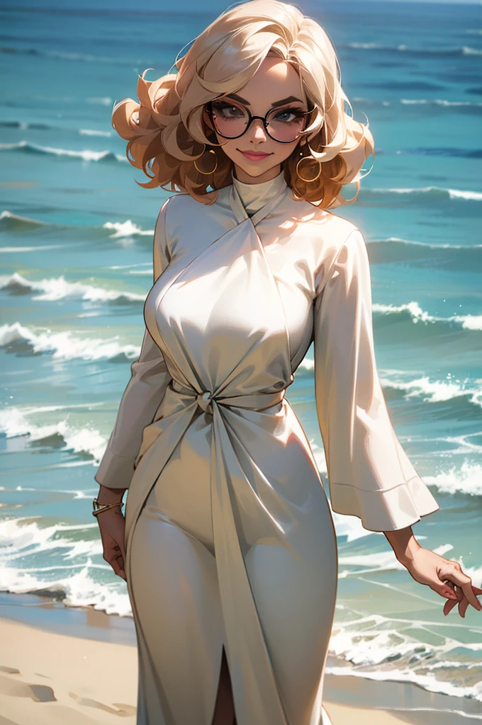 (a mature woman:1.2)| (a girl:1.1), light skin, makeup, modern style, direct look, contoured, beach background, curly hair, glasses, smirk