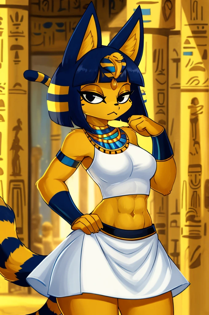 ((best quality)), ((masterpiece)), (detailed), a digital artwork of ankha with abs wearing a crop top of her white sleeveless dress with white long dress skirt, a bare midriff and a bare navel, Egyptian setting, tail, blue Egyptian handbands, furry, anthro style, 2d style