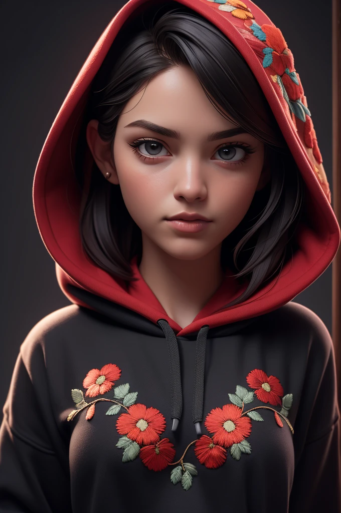 ((Art, best quality, photography, detailed skin, realistic, photorealistic, 8K, highly detailed, full frame, RAW color art with high detail, soft diffuse lighting, shallow depth of field, sharp focus, hyperrealism, cinematic lighting, close-up up)) hood, edgCoquine, Rory Gilmore as a pixie fairy in ((black lingerie))_hood posing for photo, wearing borderCoquine_hood, red floral embroidery,