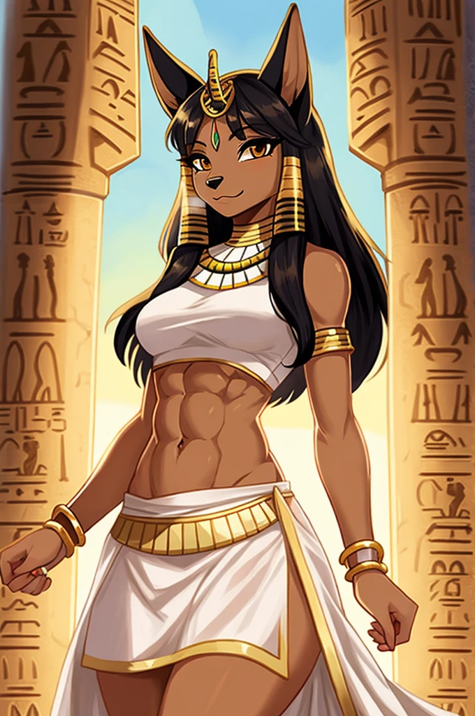 female tan anubis with rock hard abs wearing a crop top white sleeveless Egyptian dress with white long Egyptian skirt, dog, anthro, female, digital art