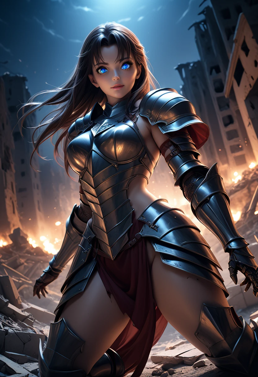 (masterpiece, top quality, best quality, beautiful and aesthetic:1.2), full body, SFW, extremely detailed, detailed eyes, detailed hands, cinematic light, depth of field, 1girl, seducing smile, solo, official, (armored knight:1.4), dark armor, rin tohsaka, slim body, cinematic lighting, dramatic lighting, dramatic atmosphere, hyper-realistic, high resolution, stunning contrast, high quality, best quality, 8k, 4k, intricately detailed, (amazing details:1.2), highly detailed skin, powerful presence, vibrant colors, (detailed eyes:1.2), striking eyes, (detailed background), (warzone on background, night, ruins), (dynamic angle:1.2), (dynamic pose:1.2)