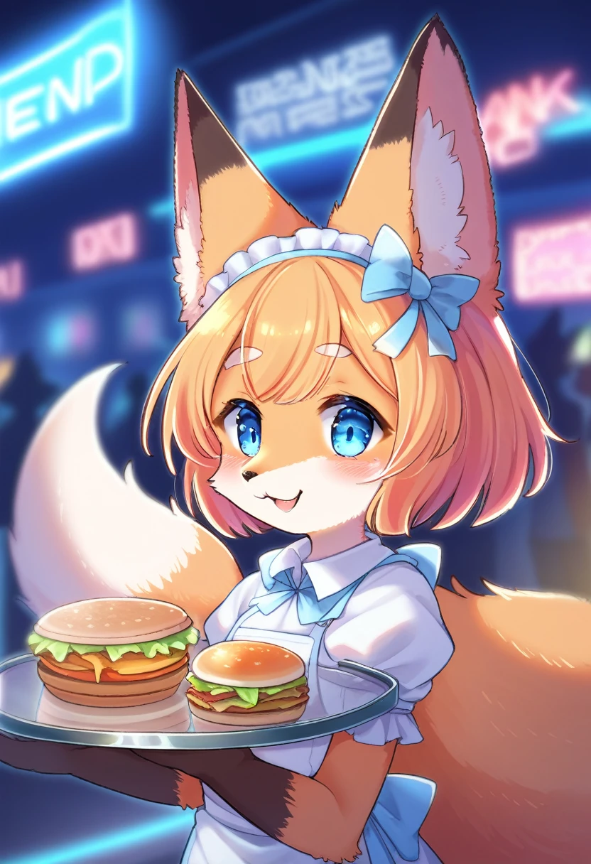 ((Masterpiece)), ((Best Quality)), (Very Detailed), ((Very Detailed)), 4K, (8K), very aesthetic, absurdres highres, 1girl, (anthropomorphic fox, furry, kemono:1.8),Virtual waitress, hologram waitress, cute uniform, white ribbon, apron, fast food restaurant, futuristic design, neon lights, digital menu, smile, customer greeting, holding tray, pink, blue, white, glass reflection, metal reflection, advanced technology, cheerful