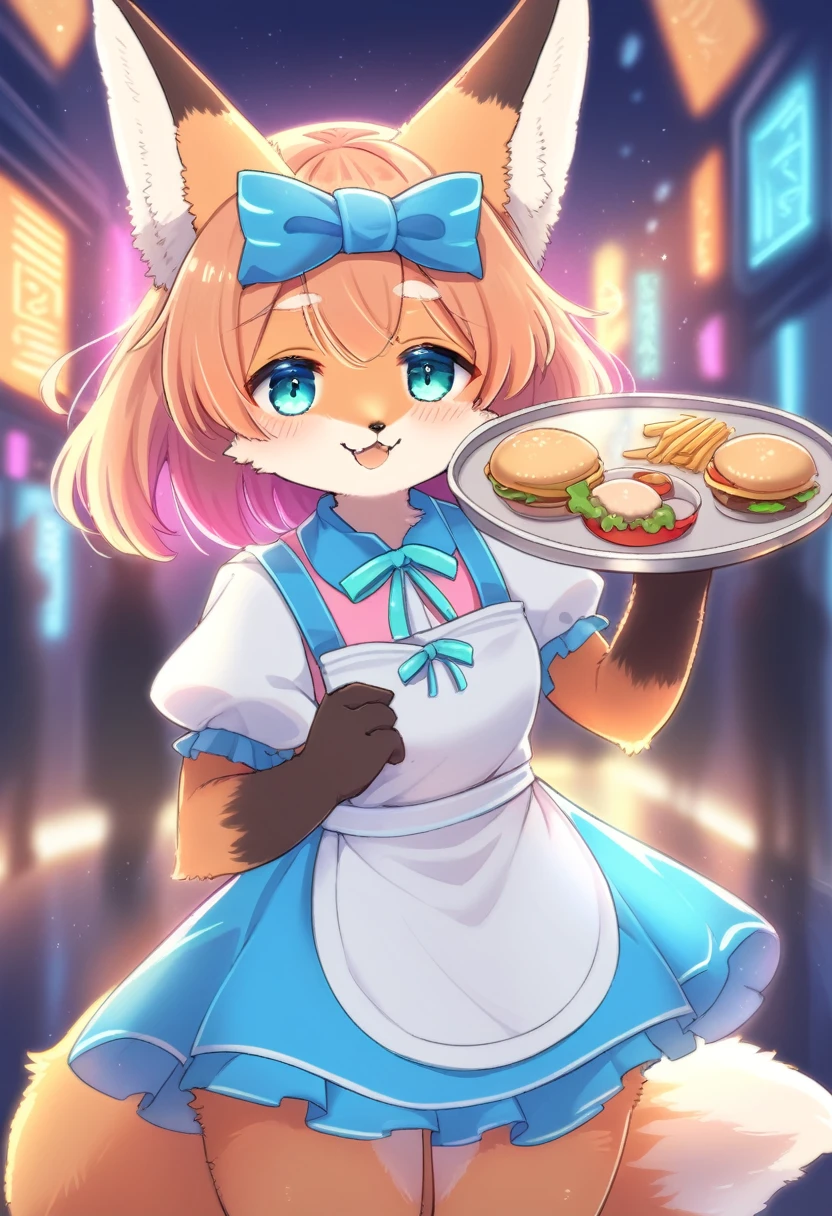 ((Masterpiece)), ((Best Quality)), (Very Detailed), ((Very Detailed)), 4K, (8K), very aesthetic, absurdres highres, 1girl, (anthropomorphic fox, furry, kemono:1.8),Virtual waitress, hologram waitress, cute uniform, white ribbon, apron, fast food restaurant, futuristic design, neon lights, digital menu, smile, customer greeting, holding tray, pink, blue, white, glass reflection, metal reflection, advanced technology, cheerful