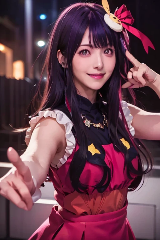 smile,(Highest quality)++,(masterpiece)++,(Super detailed)++,(High Resolution)++,(8K Portrait)++,Production art,hoshino ai, long hair, purple hair, streaked hair ,purple eyes, star-shaped pupils, hair ornament,(((Free pose、whole body)))、Idol Costumes、
