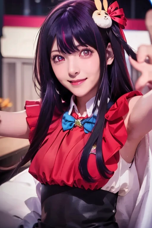 smile,(Highest quality)++,(masterpiece)++,(Super detailed)++,(High Resolution)++,(8K Portrait)++,Production art,hoshino ai, long hair, purple hair, streaked hair ,purple eyes, star-shaped pupils, hair ornament,(((Free pose、whole body)))、Idol Costumes、