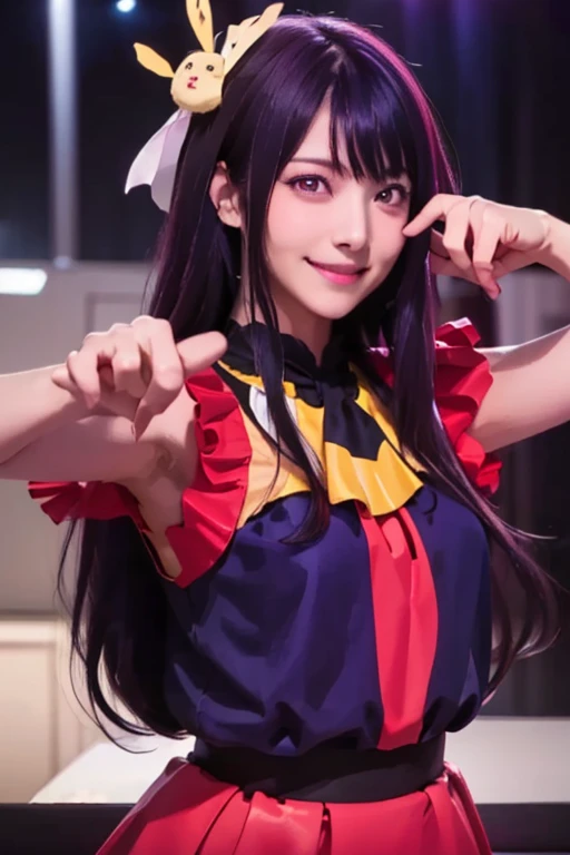 smile,(Highest quality)++,(masterpiece)++,(Super detailed)++,(High Resolution)++,(8K Portrait)++,Production art,hoshino ai, long hair, purple hair, streaked hair ,purple eyes, star-shaped pupils, hair ornament,(((Free pose、whole body)))、Idol Costumes、