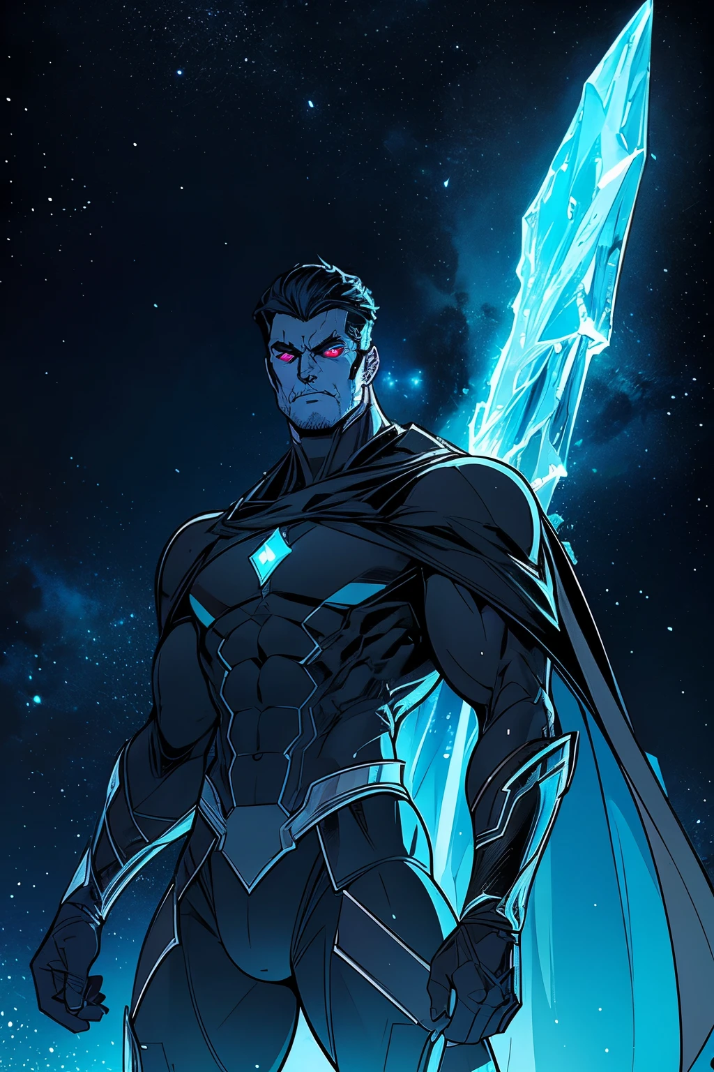 a current comic book titled Iced featuring a muscular man wearing a black cape with blue glowing eyes and comet ice and particles trailing off his body in a deep space environment with a surreal galaxy in the background. The villain, named Black axe, is a man with glowing red eyes featured in a small rectangular callout on the bottom left of the frame.