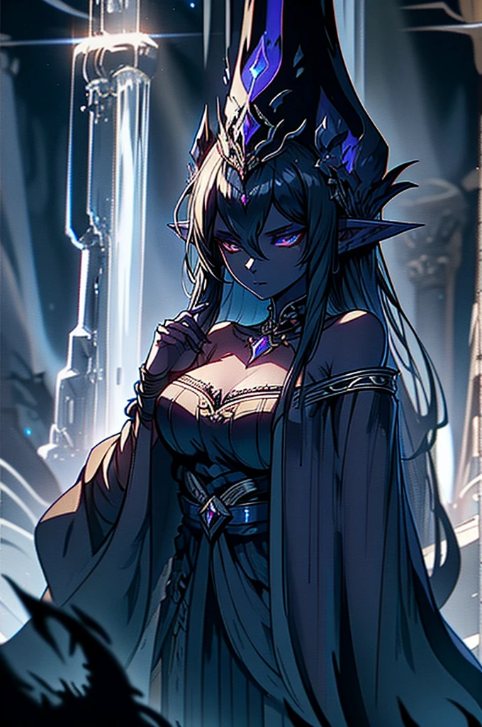 masterpiece, best quality, decaying undead, frozen queen, armor, purple skin, Blue skin, underground catacombs,