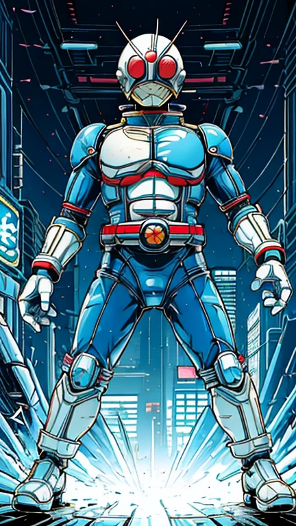 (8k),(masterpiece),(Japanese),(8--old ),((innocent look)),((Childish)),From the front,smile,cute,Innocent,Kind eyes,Flat chest, blue helmet, white domino mask, white mask, Doraemon,Bald,No Hair, Henshin Pose,night,dark, Neon light cyberpunk city,Kamen rider,camisa