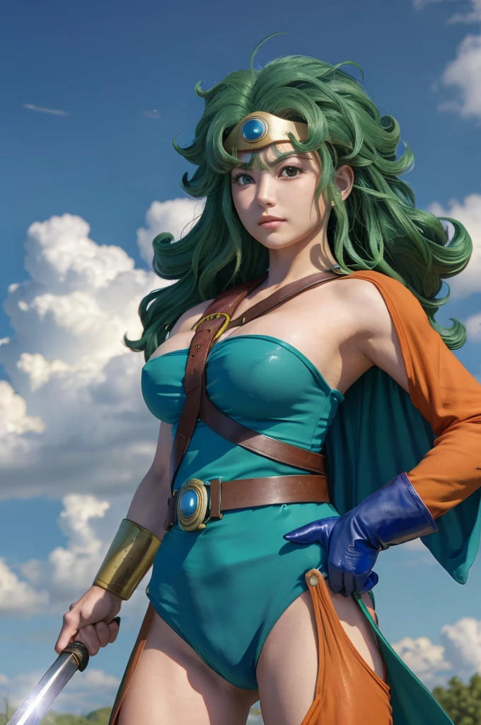 (((SFW、sound、Highest quality、Top notch work、Normal body、、Detailed face、Ultra-precision、Normal hand、のrefer、5refer、Highest)))、beautiful girl、Green Hair、yamato nadeshiko、Small breasts、Shortcuts、Blue leotard、Muscular、Black paleo skirt、Red Cape、Circlet、Bastard sword、sword of the sky、Dragon Quest、Female Heroes、 Fight、Fight準備完了、Sweep with a sword、Gigadein、((Perfectly executed:Description of the whole body,Standing posture,Draw the details well、There is no anatomical problem))