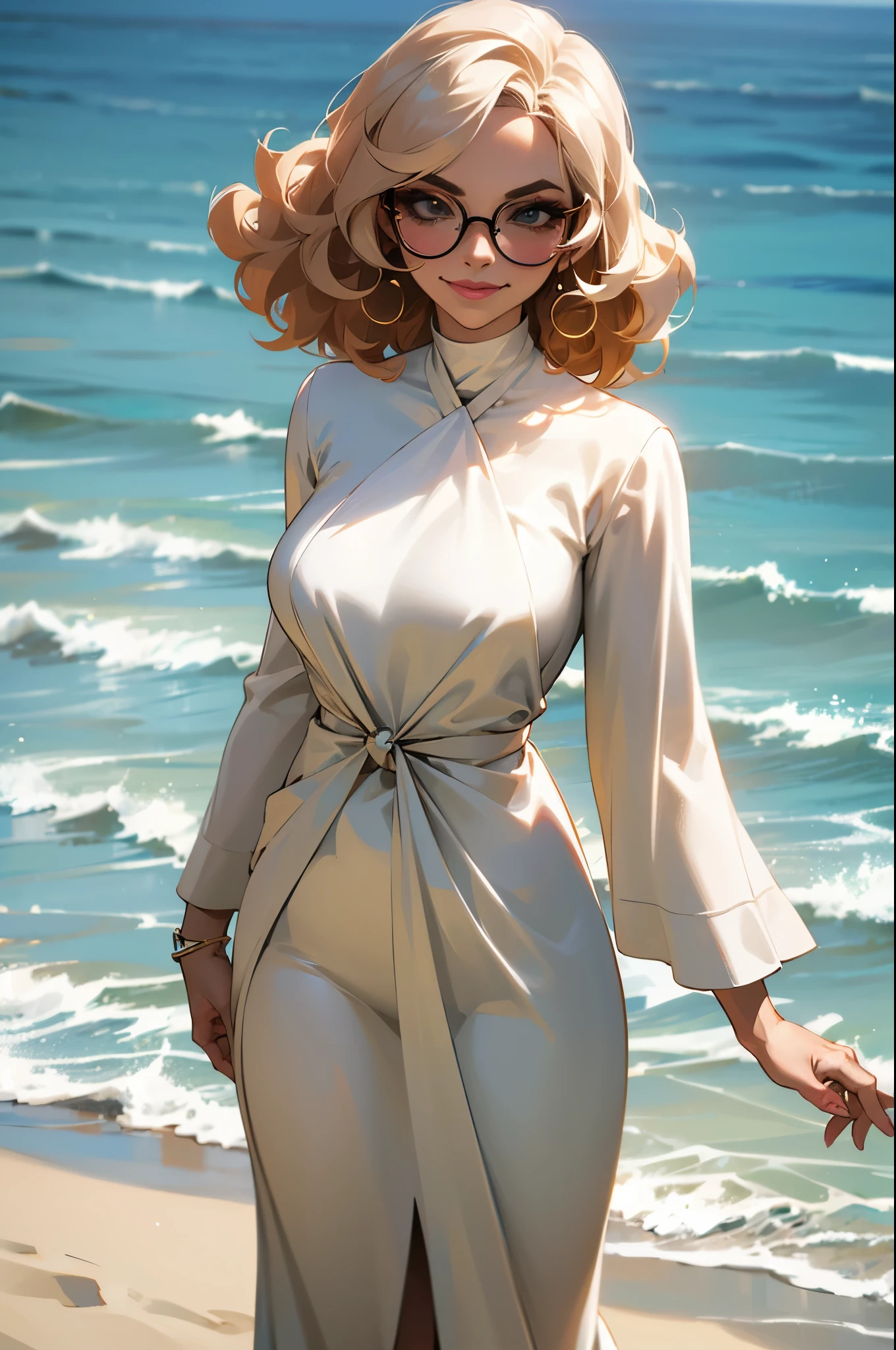 (a mature woman:1.2)| (a girl:1.1), light skin, makeup, modern style, direct look, contoured, beach background, curly hair, glasses, smirk