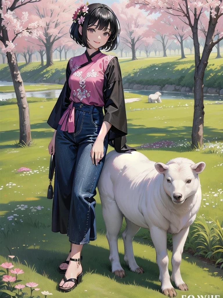 A stunning beauty cute little Javanese girl, her name is Sora, . Beautiful silky black short hair, beautiful black eyes, beautiful pink lips and smiling happily. She's wearing a magenta shirt, and a blue jeans jumpsuit with a brown bear logo embroided. Also she's wearing brown sandals. Her hand is holding flowers from the meadows in the riverside. A white sheep at her behind eating a flower. Very detailed anatomy, very detailed face, very detailed background, very detailed clothes. Photorealistic HD image, very wide angle, top to toes, full body, A Masterpiece.