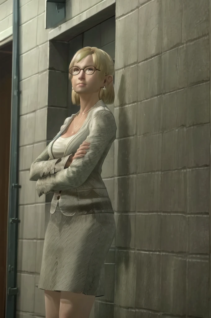 (Masterpiece:1.2), (best quality:1.2), intricate details, ultra detailed, 1girl, solo, JessicaMcCarney, blonde hair, short hair, glasses, jewelry, earrings, necklace, breasts, cleavage, jacket, skirt, suit, cowboy shot,  standing, arms crossed