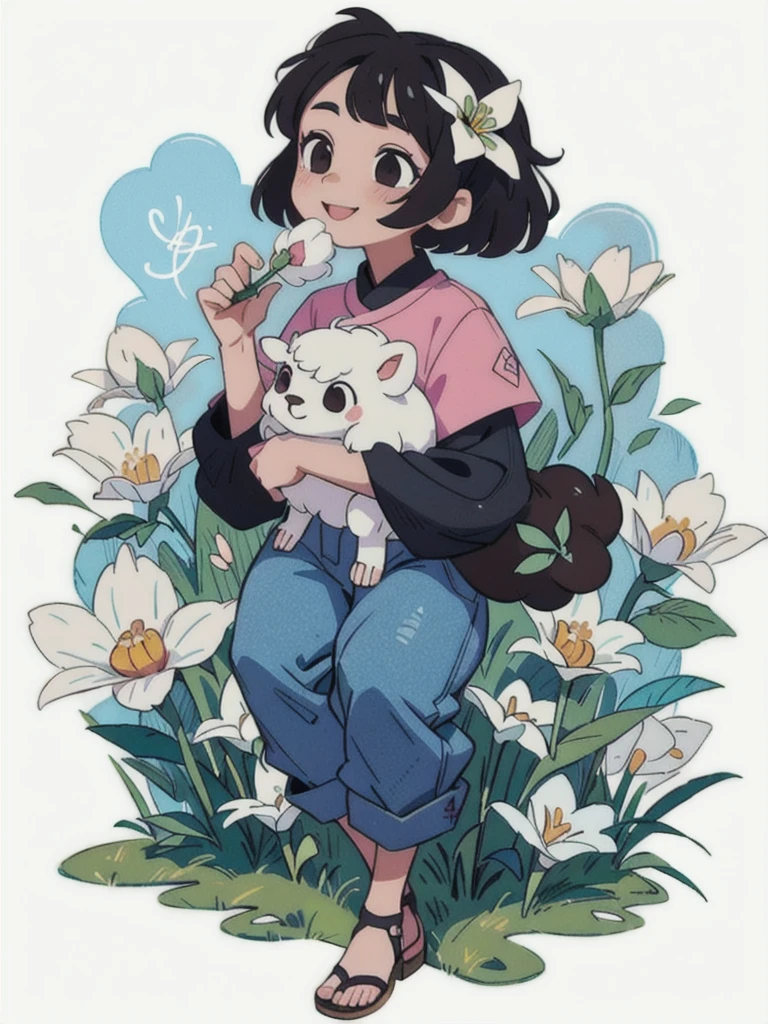 A stunning beauty cute little Javanese girl, her name is Sora, 5 years old. Beautiful silky black short hair, beautiful black eyes, beautiful pink lips and smiling happily. She's wearing a magenta shirt, and a blue jeans jumpsuit with a brown bear logo embroided. Also she's wearing brown sandals. Her hand is holding flowers from the meadows in the riverside. A white sheep at her behind eating a flower. Very detailed anatomy, very detailed face, very detailed background, very detailed clothes. Photorealistic HD image, very wide angle, top to toes, full body, A Masterpiece.