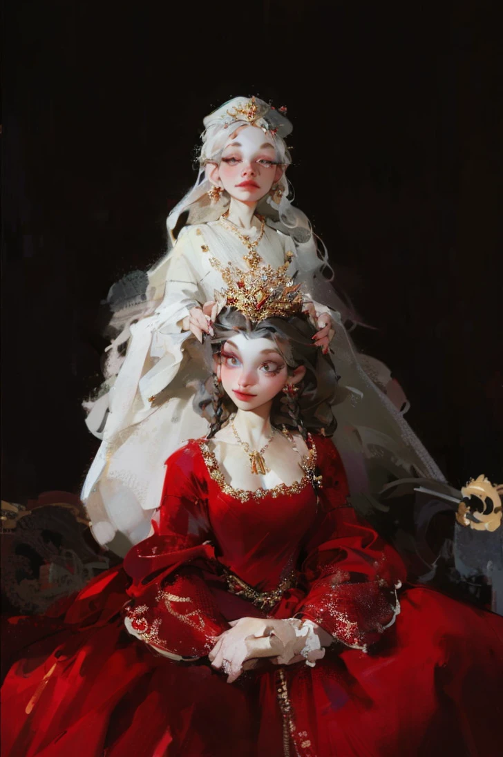Girl with white wavy hair,side braids,beautiful necklace, Targaryen women hairstyle,beautiful gold tiara, red and black dress
