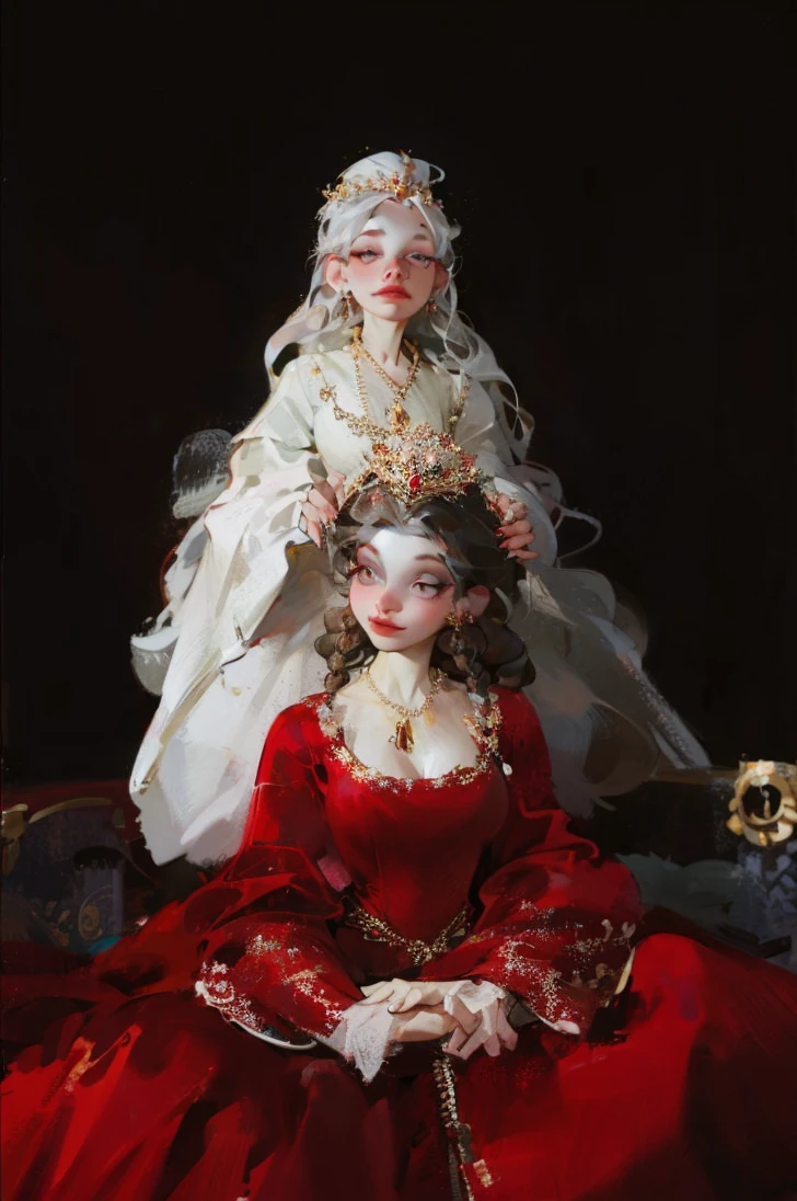 Girl with white wavy hair,side braids,beautiful necklace, Targaryen women hairstyle,beautiful gold tiara, red and black dress
