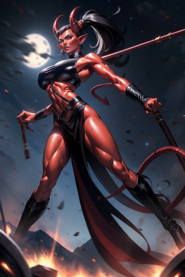 Red skin succubus tiefling, medium breasts, black horns, huge tail, black leather, crop top, long flowing pelvic curtain, tall, toned, graceful, thin, long black ponytail. Action scene, whip. Dark scene, explosions, night sky.
