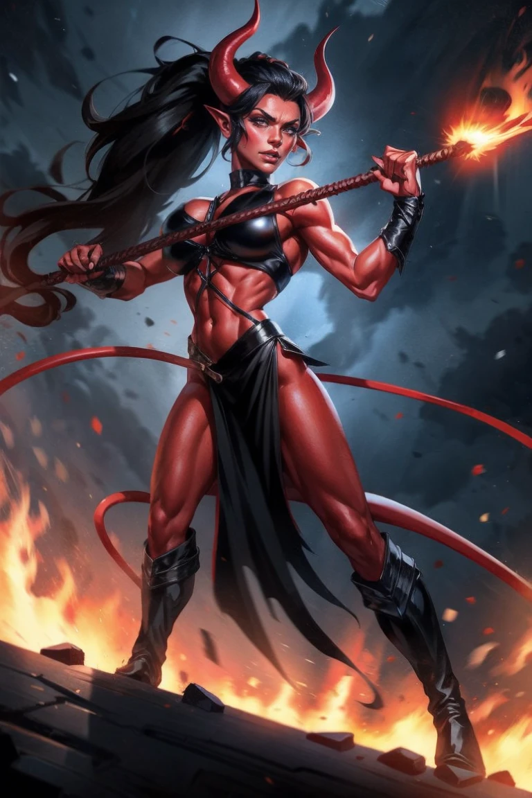 Red skin succubus tiefling, medium breasts, black horns, huge tail, black leather, crop top, long flowing pelvic curtain, tall, toned, graceful, thin, long black ponytail. Action scene, whip. Dark scene, explosions, night sky.