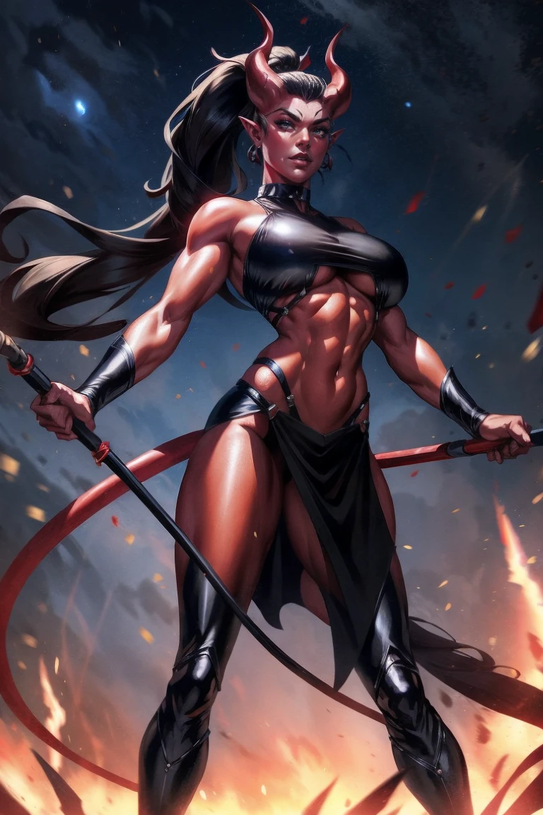 Red skin succubus tiefling, medium breasts, black horns, huge tail, black leather, crop top, long flowing pelvic curtain, tall, toned, graceful, thin, long black ponytail. Action scene, whip. Dark scene, explosions, night sky.