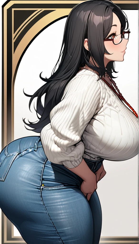 1girl,solo,Mature Woman,Black Hair,long hair,brown eyes color,Glasses,mother,gentle,kind face,Super huge breasts,Flabby thighs,Whipped thighs,gigantic huge ass,white knit with vertical lines accentuating the lines of the body,jeans that accentuate the body's curves,necklace,standing up,Emphasis on the buttocks,Taken from the side,Inclusive,White background,best quality, ultra detailed), intricate details,perfect eyes