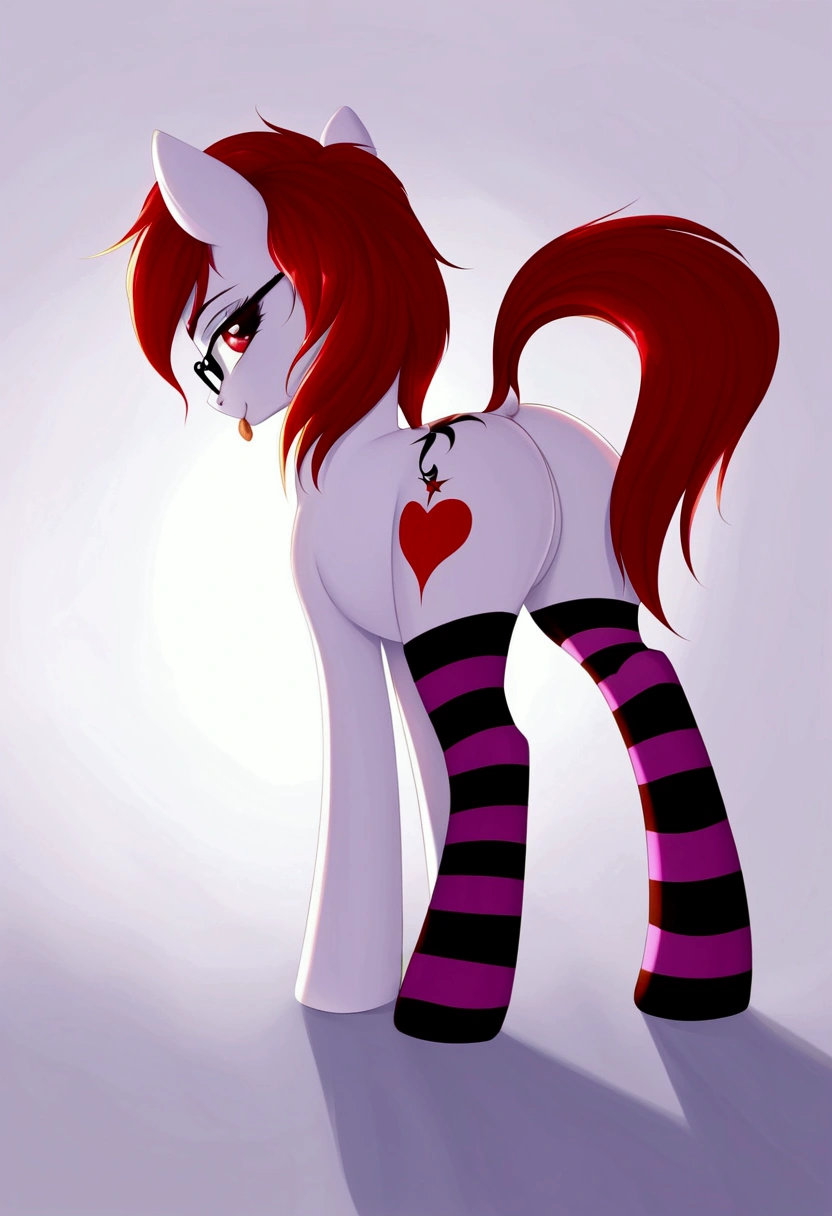 radiant lighting, vibrant colors, whimsical atmosphere, 8K, high resolution, highly detailed, masterpiece, (((my little pony))), four stockings, (red hair, white body, red eyes) cute face, tongue out, striped stockings, standing on four hooves, cool glasses, showing butt, ((a lot of tattoo on body:1.3)), goth style