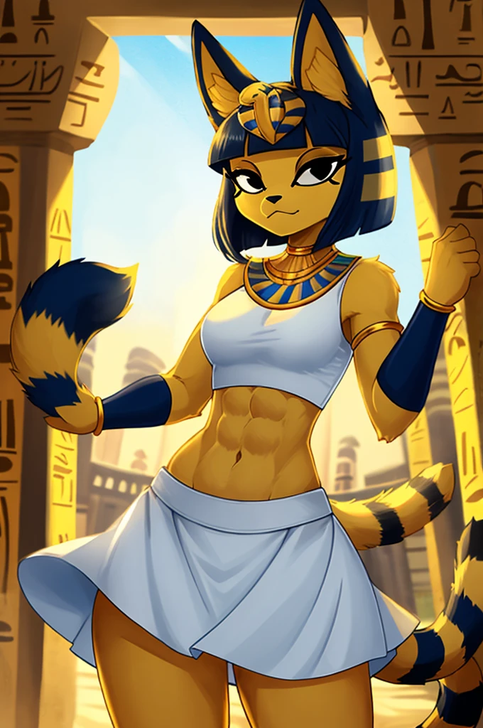 ((best quality)), ((masterpiece)), (detailed), a digital artwork of ankha with abs wearing a crop top of her white sleeveless dress with white long dress skirt, a bare midriff and a bare navel, Egyptian setting, tail, blue Egyptian handbands, furry, anthro style, 2d style