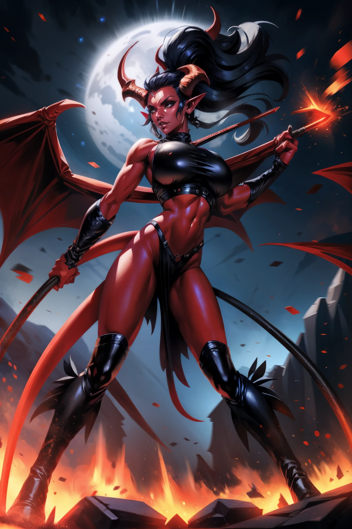 Red skin succubus tiefling, digitigrade legs, full breasts, medium breasts, black horns, wings, huge tail, black leather, crop top, long flowing pelvic curtain, tall, toned, graceful, thin, long black ponytail. Action scene, whip. Dark scene, explosions, night sky.