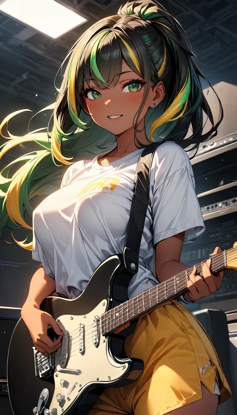 highest quality:1.2, Very detailed, up to date, Vibrant, Ultra-high resolution, High Contrast, masterpiece:1.2, highest quality, Best aesthetics), Portraiture、girl、Bright colors、Beautiful fine details、Beautiful lip detail、long hair、ponytail, white and yellow green ((streaked hair:1.6)), highlights hair: 1.5, middium breast, (tan skin:1.1), Cheerful pose、play guitar, t-shirts, short pants、loose fit, amplifier、Electric guiter、(yellow Fender stratocaster:1), (mike stand:1), music studioroom