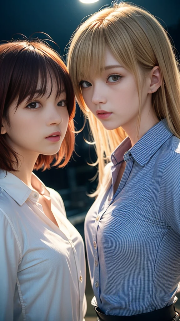 (Natural strawberry blonde and redhead girls with pretty faces), Cute pose, wearing a button shirt,  body, skinny, Atmospheric, Dark atmosphere, Edge lighting, Sayaka Yamamoto, Saito Asuka, Mao Akiyama&#39;s facial features, 8K, Full body portrait, Elegant outfit, Natural light, Spooky greenhouse at night, Sharp focus, (Highly detailed eyes and face, Professional photography techniques), (Beautiful small face, beautiful girl, high , Idol Face, Baby Face:1.4)Happy, K UHD, Hmph, Beautiful and soft skin, Vibrant Skin, blush, (Chirarizum:1.3, Unbutton your shirt:1.2), (Captivating Beautiful Breasts), Cleavage, (Small beautiful butt), The optimal ratio is four fingers to one thumb, Perfect proportions, (Perfect Anatomy:1.3), (Highest quality, Masterpiece, Highest quality, Ultra high definition, Photorealism:1.4), ((beautiful girl二人がお互いに見つめ合う, French Kiss:1.4, Touching the chest:1.4))