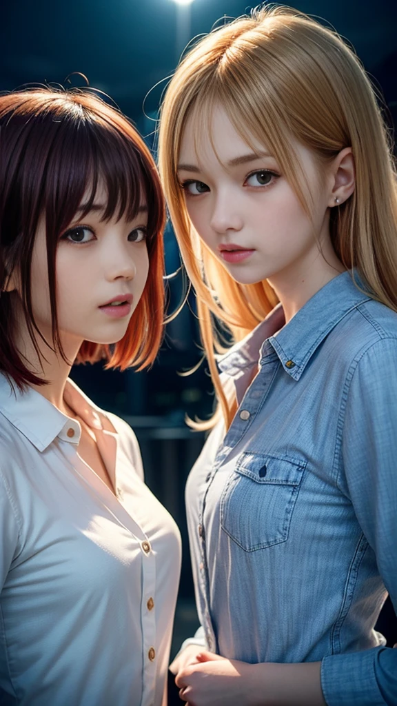 (Natural strawberry blonde and redhead girls with pretty faces), Cute pose, wearing a button shirt, body, skinny, Atmospheric, Dark atmosphere, Edge lighting, Sayaka Yamamoto, Saito Asuka, Mao Akiyama's facial features, 8K, Full body portrait, Elegant outfit, Natural light, Spooky greenhouse at night, Sharp focus, (Highly detailed eyes and face, Professional photography techniques), (Beautiful small face, beautiful girl, high school student, Idol Face, Baby Face:1.4), smile, Happy, K UHD, Hmph, Beautiful and soft skin, Vibrant Skin, blush, (Chirarizum:1.3, Unbutton your shirt:1.2), (Captivating Beautiful Breasts), Cleavage, (Small beautiful butt), The optimal ratio is four fingers to one thumb, Perfect proportions, (Perfect Anatomy:1.3), (Highest quality, Masterpiece, Highest quality, Ultra high definition, Photorealism:1.4), ((beautiful girl二人がお互いに見つめ合う, French Kiss:1.4, Touching the chest:1.4))