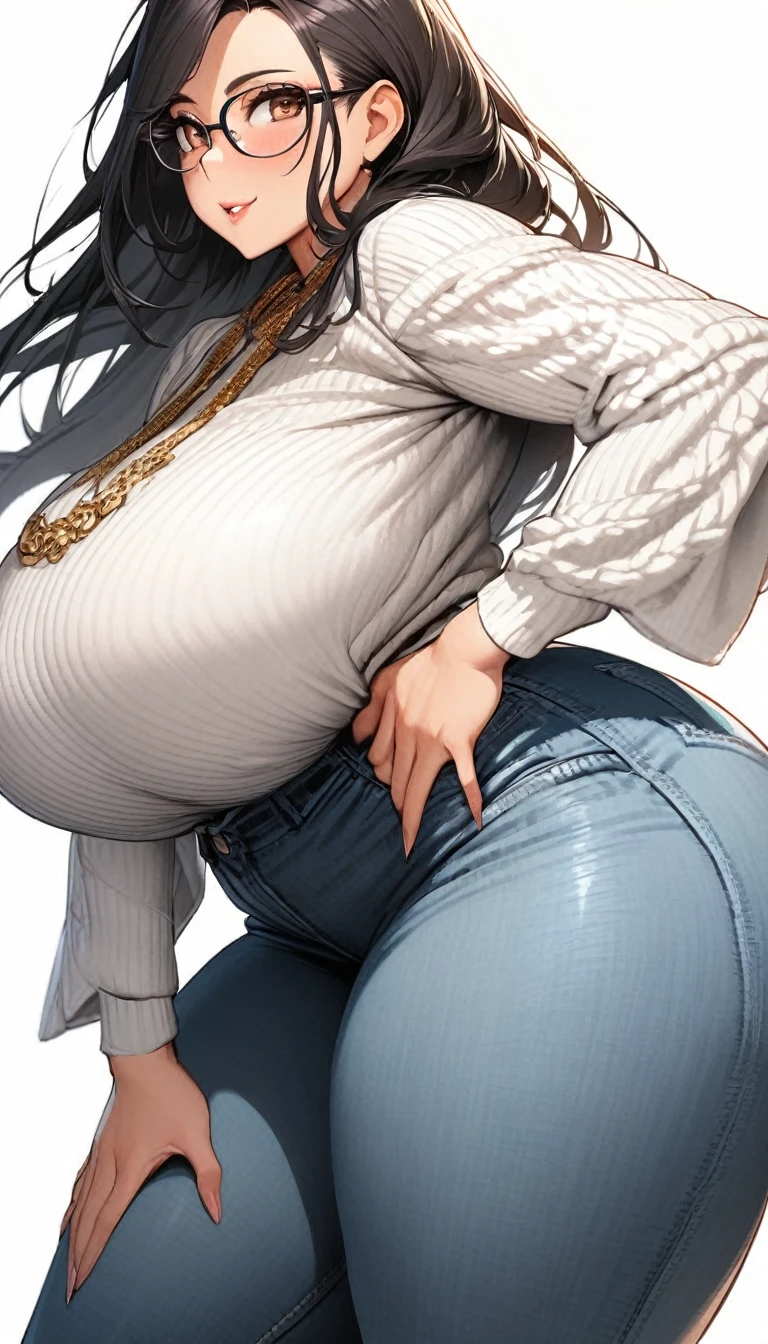 1girl,solo, Woman,Black Hair,long hair,brown eyes color,Glasses,mother,gentle,kind face,Super huge breasty thighs,Whipped thighs,gigantic huge ass,white kniith vertical lines accentuating the lines of the body,jeans that accentuate the body's curves,necklace,standing up,Emphasis on the buttocks,Taken fside,Inclusive,White background,best quality, ultra detailed), intricate details,perfect eyes