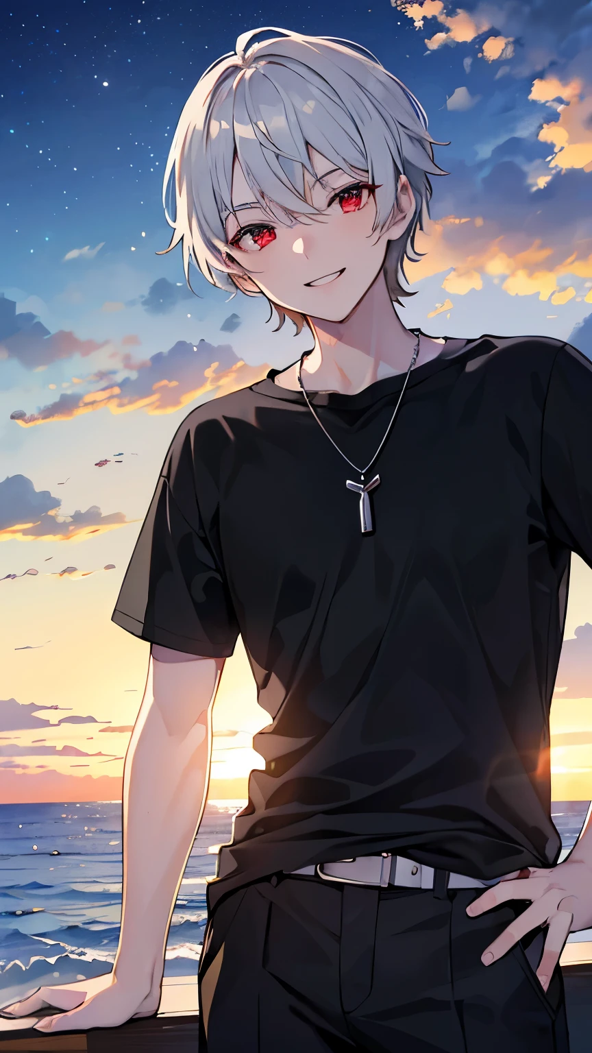 (masterpiece, Highest quality:1.2), (Ultra detailed face), (Very beautiful face), whole body, alone, Tall Boy, be patient, Male Focus, One boy, smile, View your viewers, Gray Hair, Red eyes,Red Eyes, Clear eyes, Beautiful Eyes, Beautiful attention to detail,, Black T-shirt, necklace,Short sleeve, Black trousers, Beautiful sky, evening,美しいevening,beautiful sea, Dynamic Angle Information