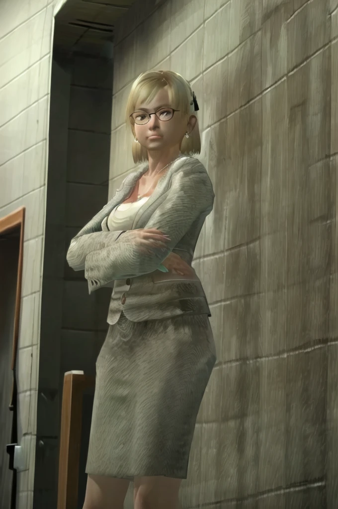 (Masterpiece:1.2), (best quality:1.2), intricate details, ultra detailed, 1girl, solo, JessicaMcCarney, blonde hair, short hair, glasses, jewelry, earrings, necklace, breasts, cleavage, jacket, skirt, suit, cowboy shot, standing straight, arms crossed