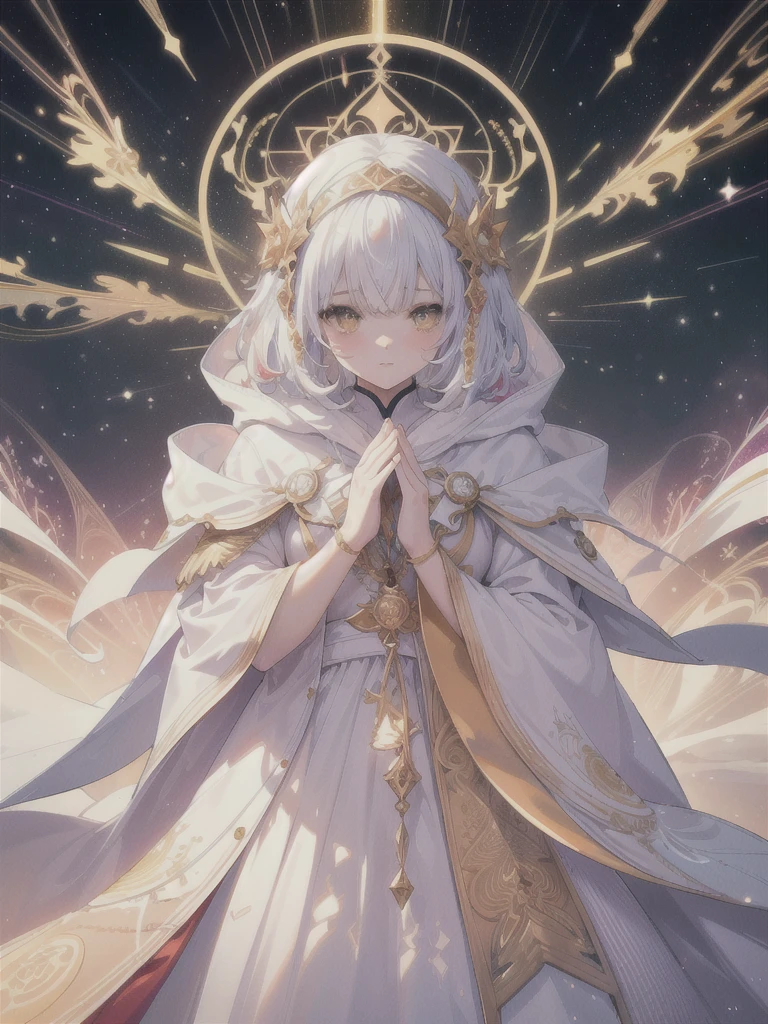 (masterpiece, top quality, best quality, official art, beautiful and aesthetic:1.2), (1girl), extreme detailed, (fractal art:1.3), colorful, highest detailed, perfect face, upper body, HDR, (praying:1.3), (white cloak golden lines:1.2), galaxy, (light streaks), striking visuals, (dynamic streaks, luminous trails:1.2), vibrant colors,