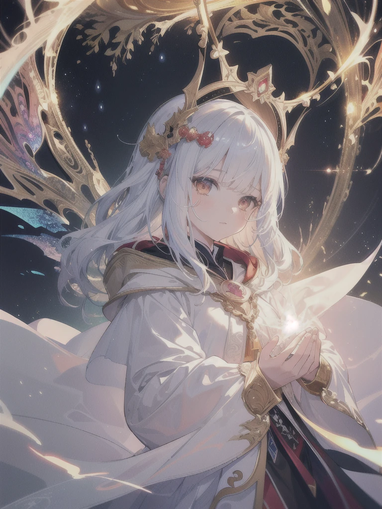 (masterpiece, top quality, best quality, official art, beautiful and aesthetic:1.2), (1girl), extreme detailed, (fractal art:1.3), colorful, highest detailed, perfect face, upper body, HDR, (praying:1.3), (white cloak golden lines:1.2), galaxy, (light streaks), striking visuals, (dynamic streaks, luminous trails:1.2), vibrant colors, 