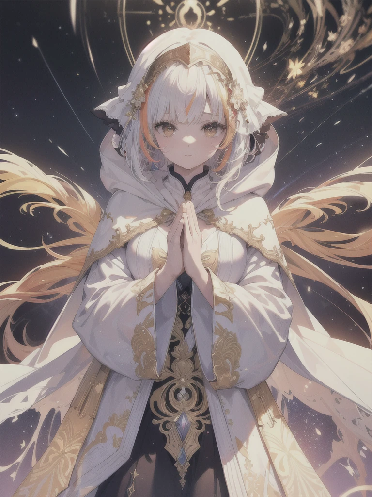 (masterpiece, top quality, best quality, official art, beautiful and aesthetic:1.2), (1girl), extreme detailed, (fractal art:1.3), colorful, highest detailed, perfect face, upper body, HDR, (praying:1.3), (white cloak golden lines:1.2), galaxy, (light streaks), striking visuals, (dynamic streaks, luminous trails:1.2), vibrant colors,