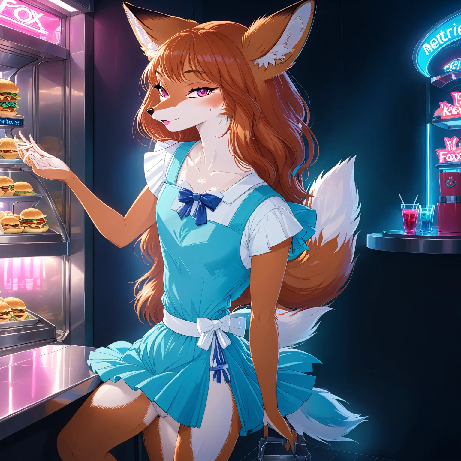 ((Masterpiece)), ((Best Quality)), (Very Detailed), ((Very Detailed)), 4K, (8K), very aesthetic, absurdres highres, 1girl, (anthropomorphic fox, furry, kemono:1.8),Virtual waitress, hologram waitress, cute uniform, white ribbon, apron, fast food restaurant, futuristic design, neon lights, digital menu, smile, customer greeting, holding tray, pink, blue, white, glass reflection, metal reflection, advanced technology, cheerful