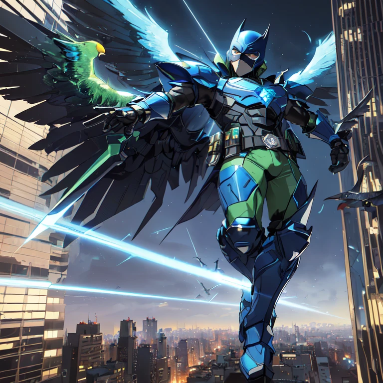 batman the animated movie character flying over a city at night, crow in cyber armour, anthropomorphic raven knight, hero pose colorful city lighting, high detailed official artwork, archangel, winged archer, extremely detailed artgerm, commission for high res, armor angle with wing, avian warrior, cyborg wing, ross tran and artgerm, age of sigma art ((best quality)), ((masterpiece)), (detailed), 1 man, full body, 25 years old, masked, blue mask, blue head, uncovered mouth, biker helmet, blue helmet, parrot helmet, black neck, tall, thin, black beak, black details, a green parrot with a blue head on his side, metallic wings, wings on his arms, blue fingerless gloves, blue wristbands, luminous blue wings shooting lasers, blue suit resembling light armor, blue suit with an emblem, entirely green chest, emblem on his chest, green pants, deployable bird tail, metallic feathers, gray knee pads, metallic gray boots, metallic bird claws, black superhero belt, flying through the city, midday city background, anime
