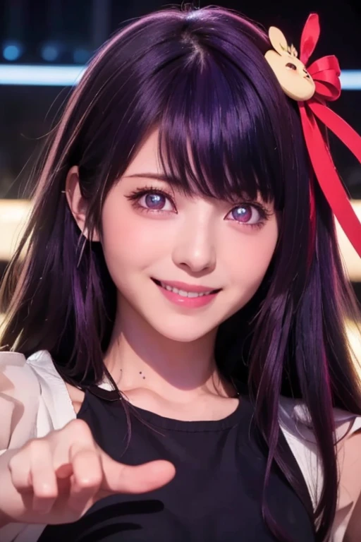 smile,(Highest quality)++,(masterpiece)++,(Super detailed)++,(High Resolution)++,(8K Portrait)++,Production art,hoshino ai, long hair, purple hair, streaked hair ,purple eyes, star-shaped pupils, hair ornament,(((Free pose、whole body)))、Idol Costumes、