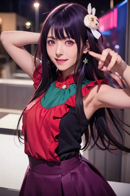 smile,(Highest quality)++,(masterpiece)++,(Super detailed)++,(High Resolution)++,(8K Portrait)++,Production art,hoshino ai, long hair, purple hair, streaked hair ,purple eyes, star-shaped pupils, hair ornament,(((Free pose、whole body)))、Idol Costumes、
