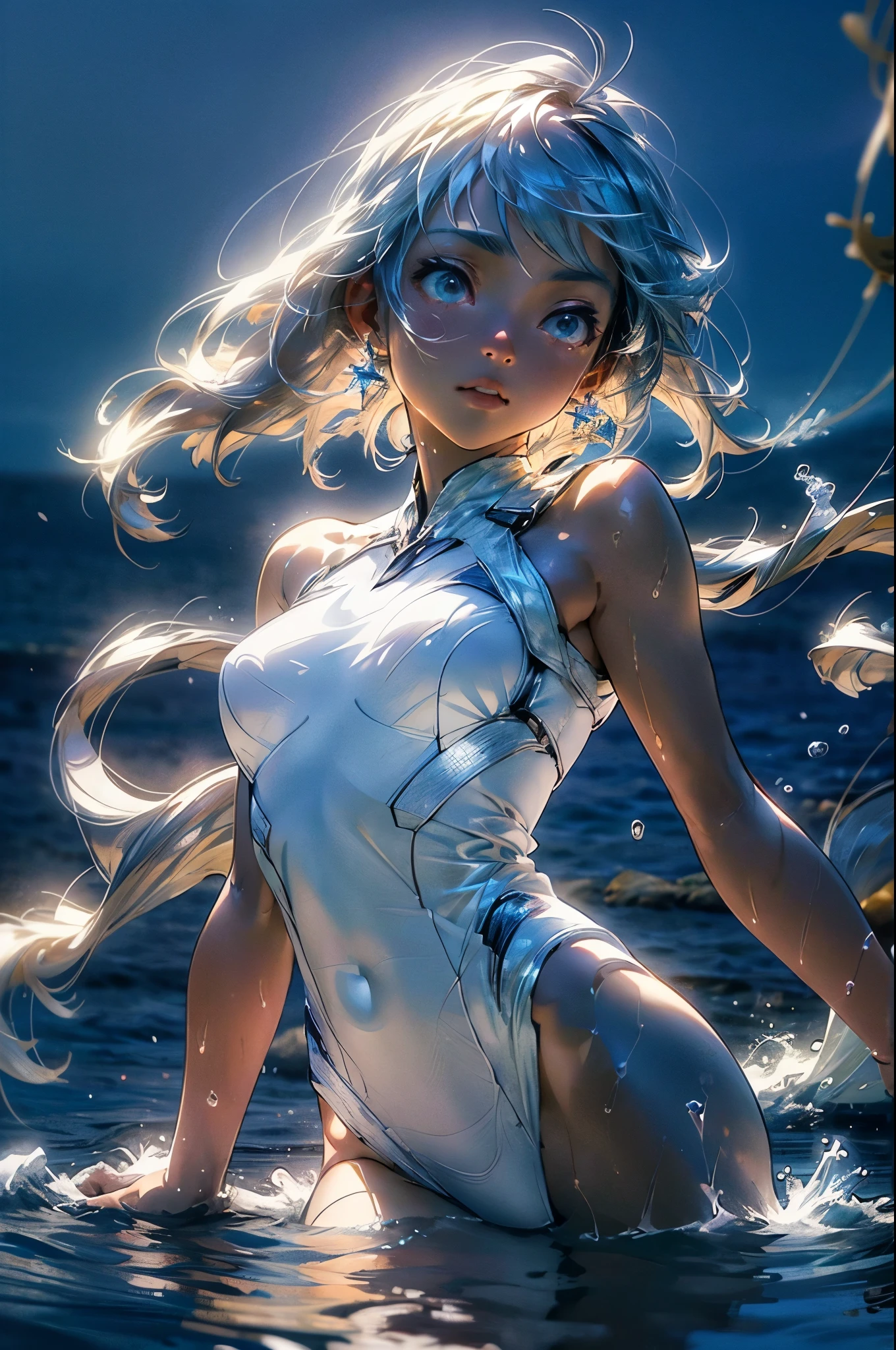 masterpiece, best quality, extremely detailed CG unity 8k wallpaper, Woman in swimsuit, 18-year-old, ((Floating comfortably on his back in the calm sea)), Dazzling sunlight, Octane Rendering Style, Overall particle light, Crystal clear seawater, Realistic representation of water, Bokeh