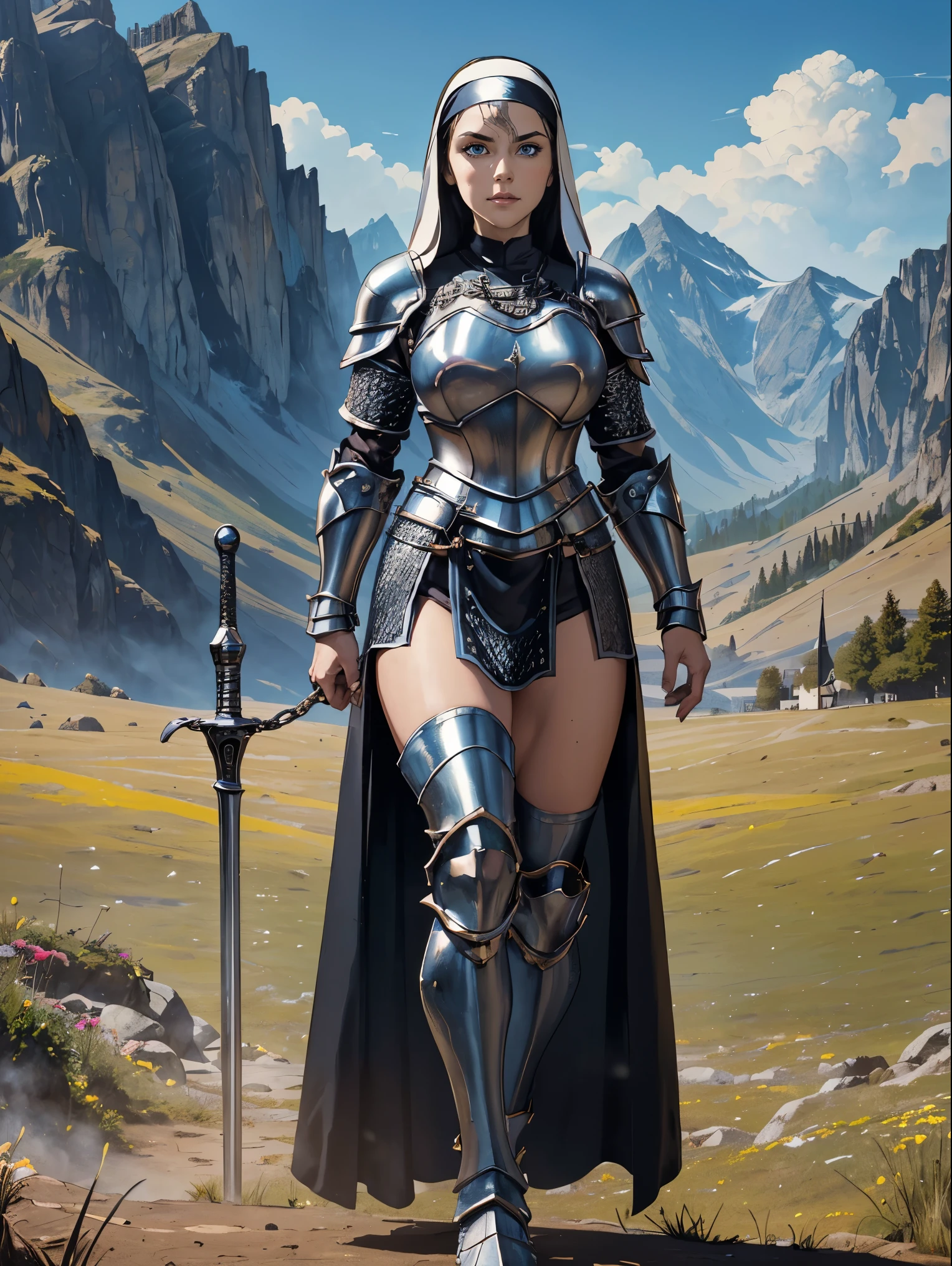(masterpiece, top quality, best quality, official art, beautiful and aesthetic:1.2), (1girl:1.3), ((Sharp facial features, sharp features, hawkish features)), ((blue eyes)), busty paladin knight girl, extremely detailed, portrait, looking at viewer, solo, (full body:0.6), detailed background, full-body shot, (warm mountain meadow theme:1.1), holy knight, (nun), charlatan, smirk, mysterious, swaying in mountains, armor, polished metal, gold trim, long boots, white fabric, pelvic curtain, robe, pale leather, ((((nun, holy aura, corona, mace, heavy armor, armored, long legs, pelvic curtain, toned, muscular, chainmail)))), slim waist, slim hips, long legs, medieval (mountain exterior:1.1) background, dark mysterious lighting, shadows, magical atmosphere, dutch angle